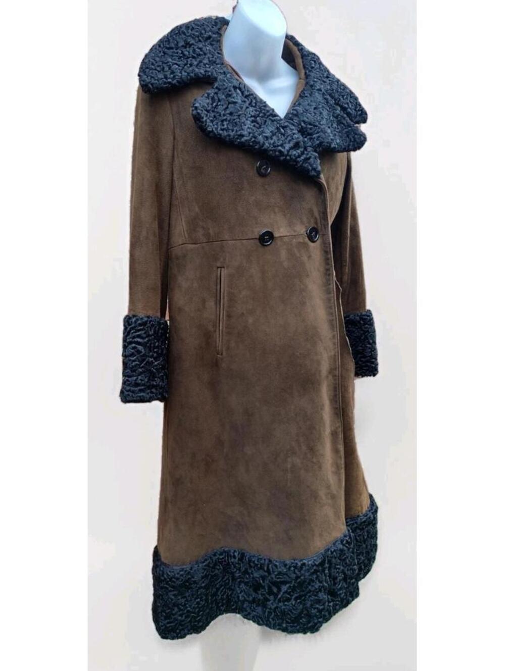 VTG 60s Anne Klein Mallory Penny Lane Suede Coat Curly Lamb Trim Boho Sz 10 - Picture 2 of 15